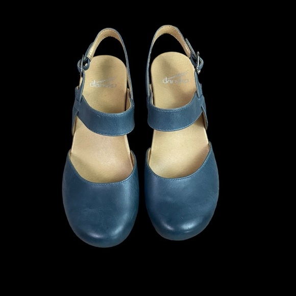 Dansko Taci Mary Jane Clogs Women’s 7 EU 37 Blue Leather Wood Cutout - Picture 4 of 13